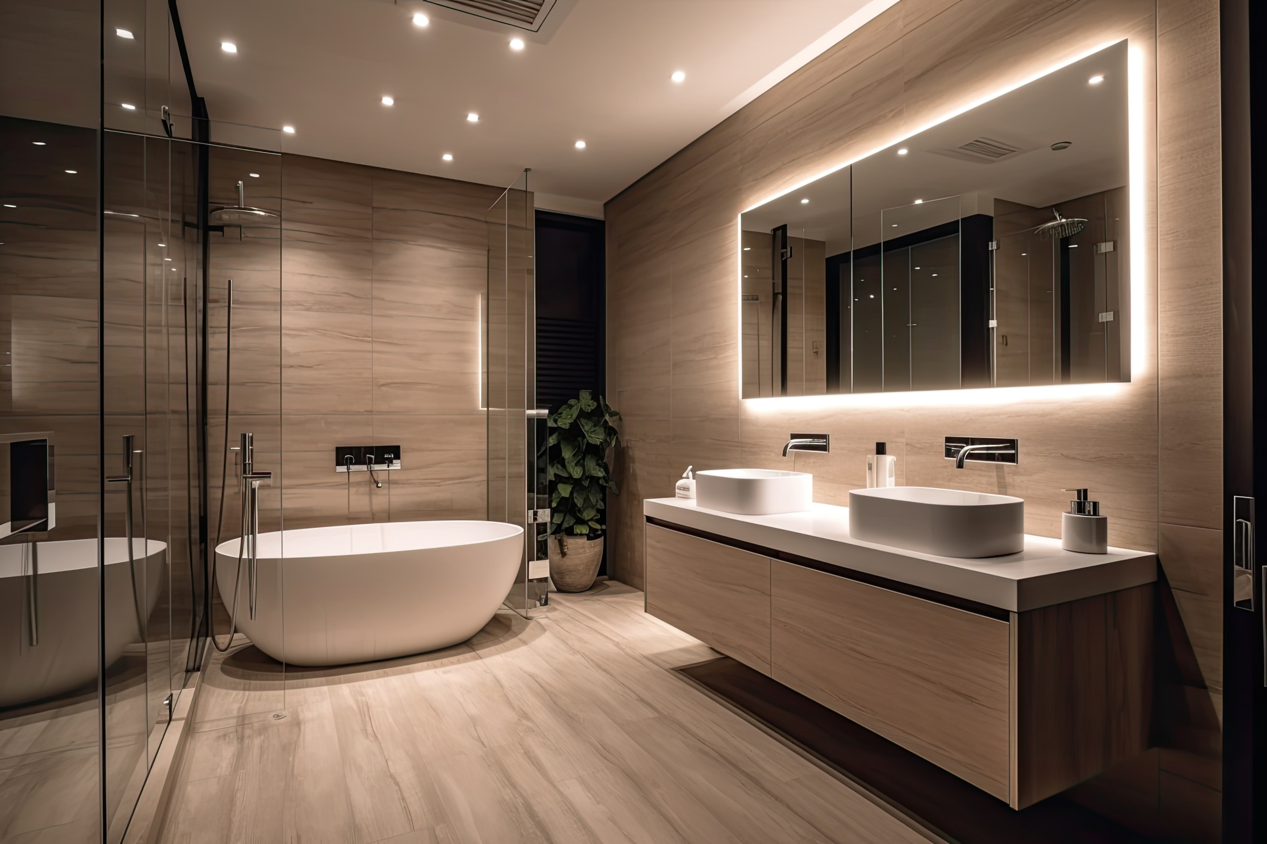 Elegant, modern bathroom mirror with back lighting, bathtub and basin