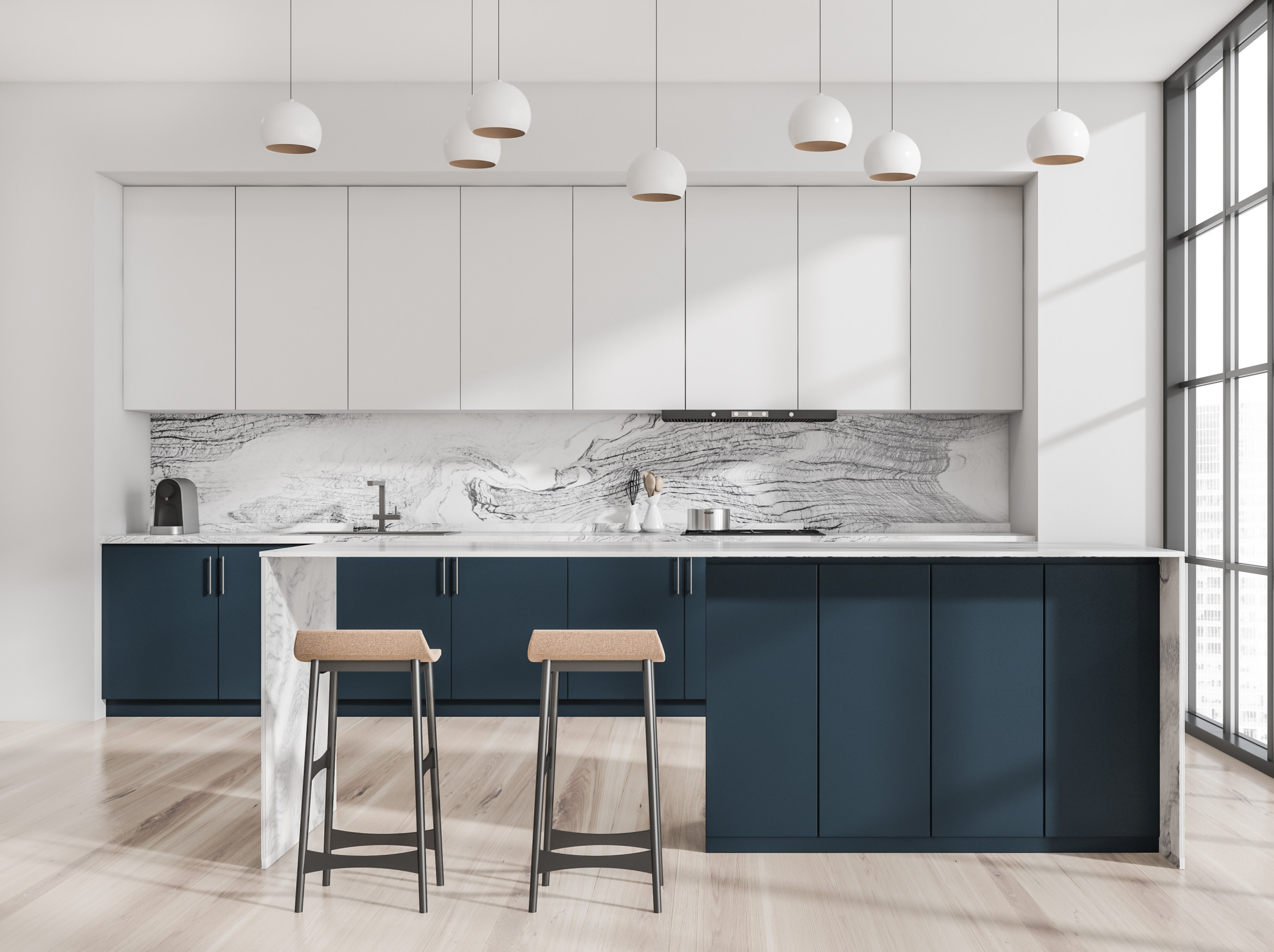 White and black kitchen with digital printed marble splash back