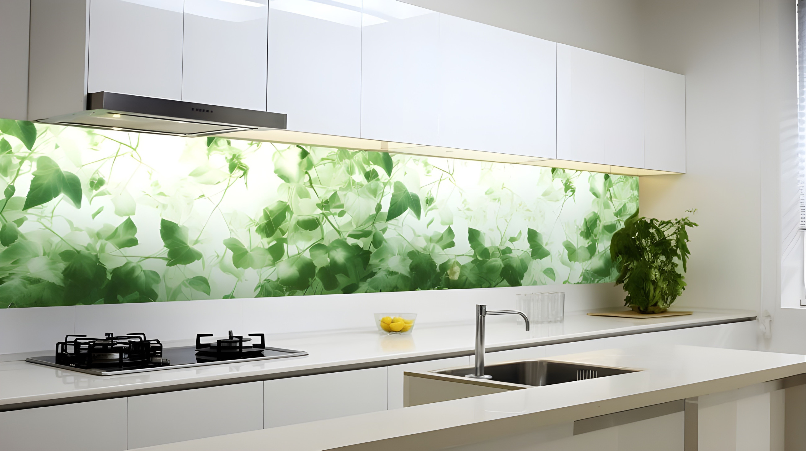 White kitchen with digital printed leaf splash back
