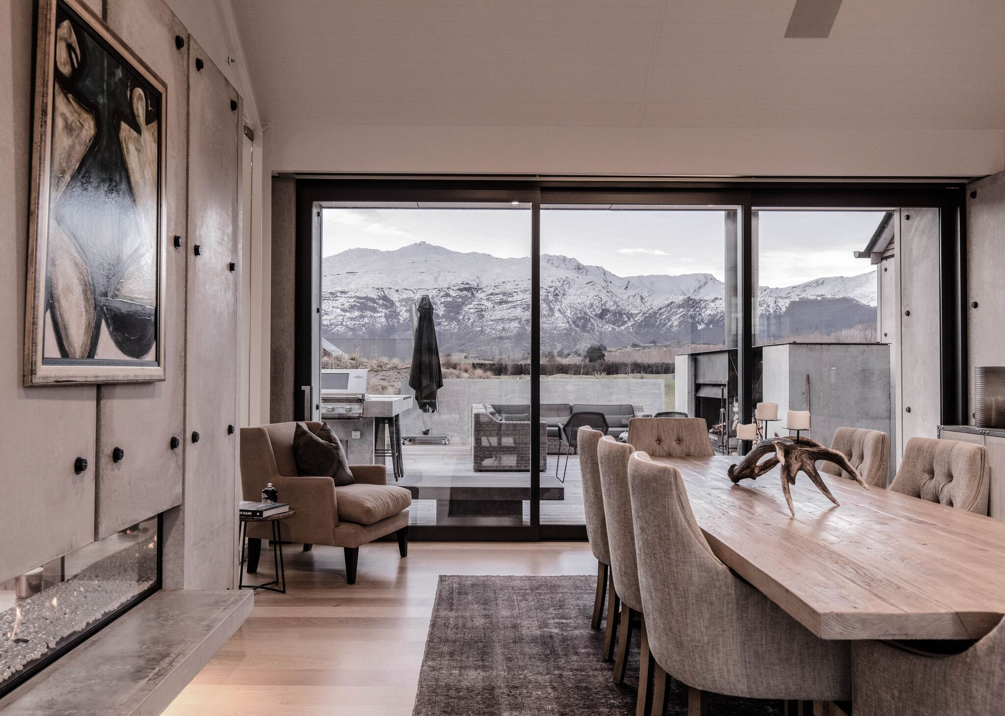 A cozy dining room with a breathtaking mountain view