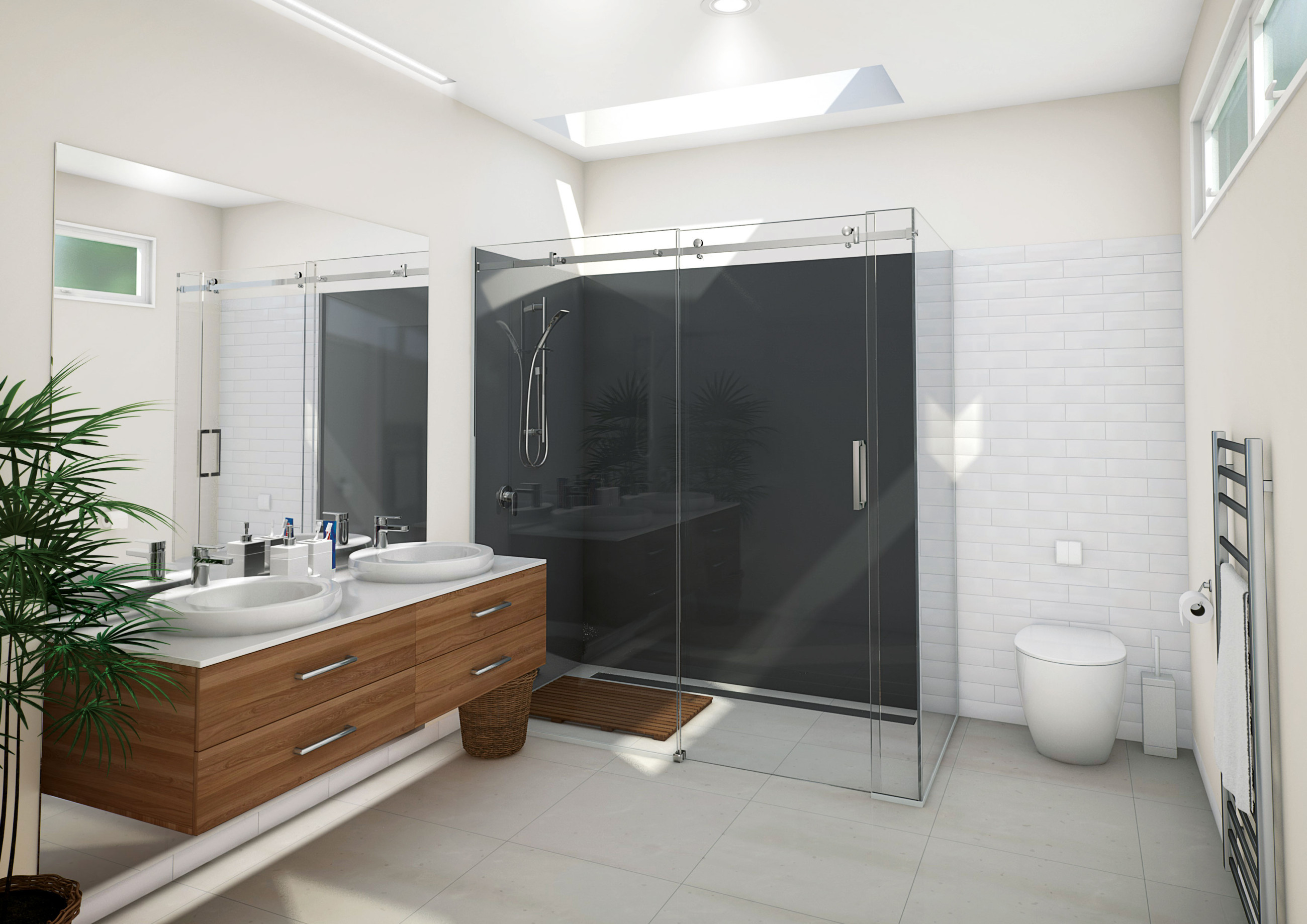 Modern bathroom featuring a transparent glass shower screen, black tiled shower area, shower head, and basin
