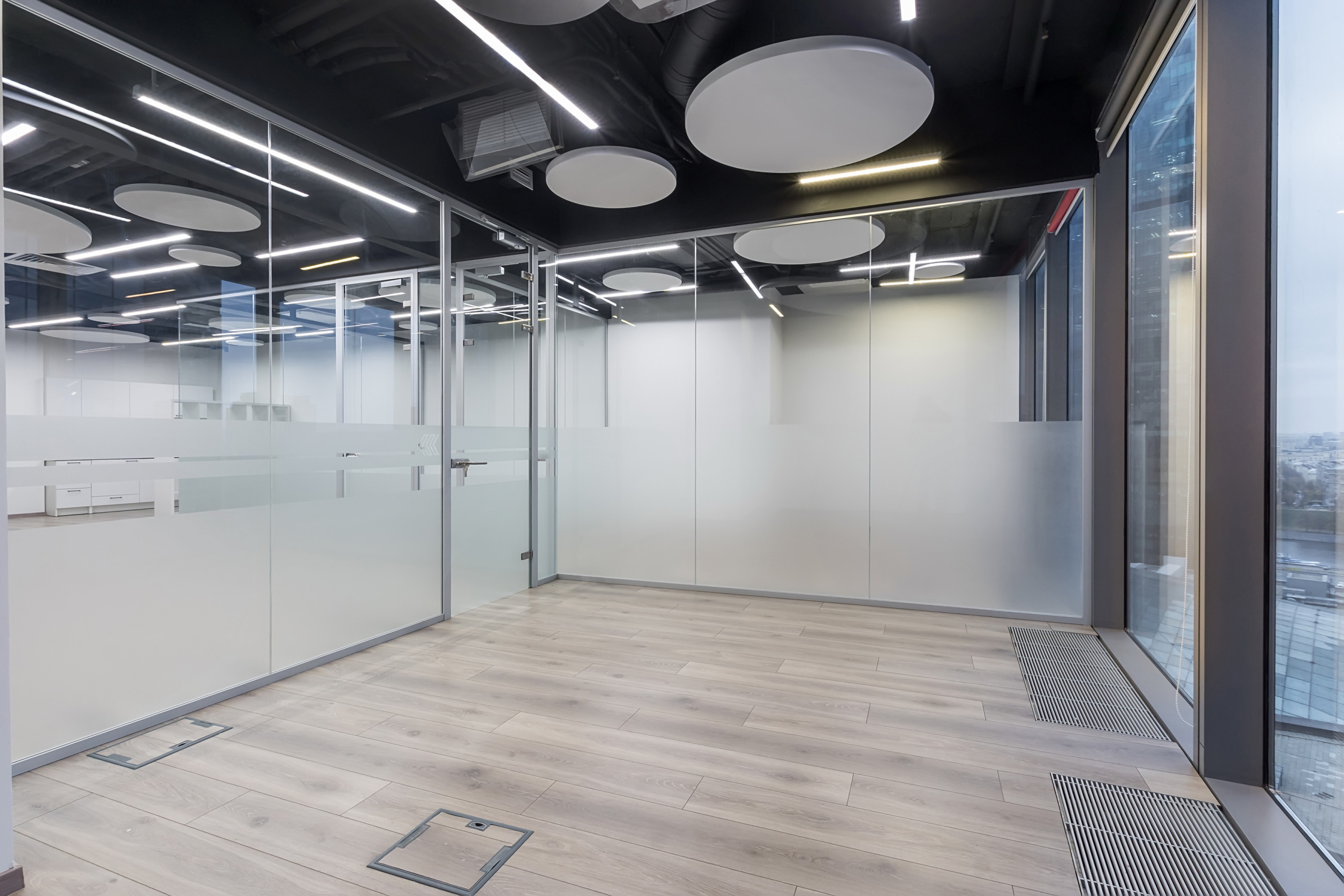 Commercial office space with frosted glass walls