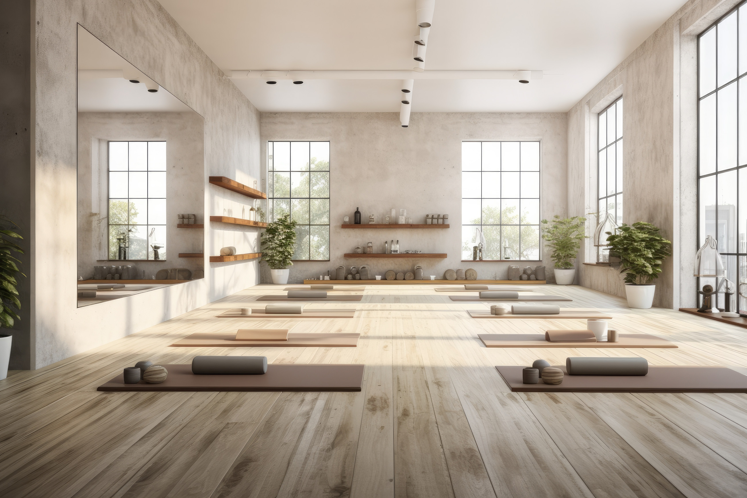 Modern yoga studio with large window and mirror