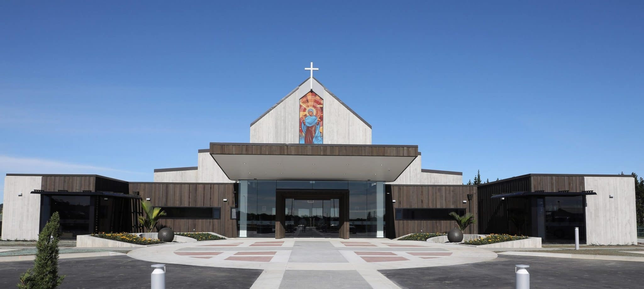 Vibrant decorative window panels at St. Luke's Church