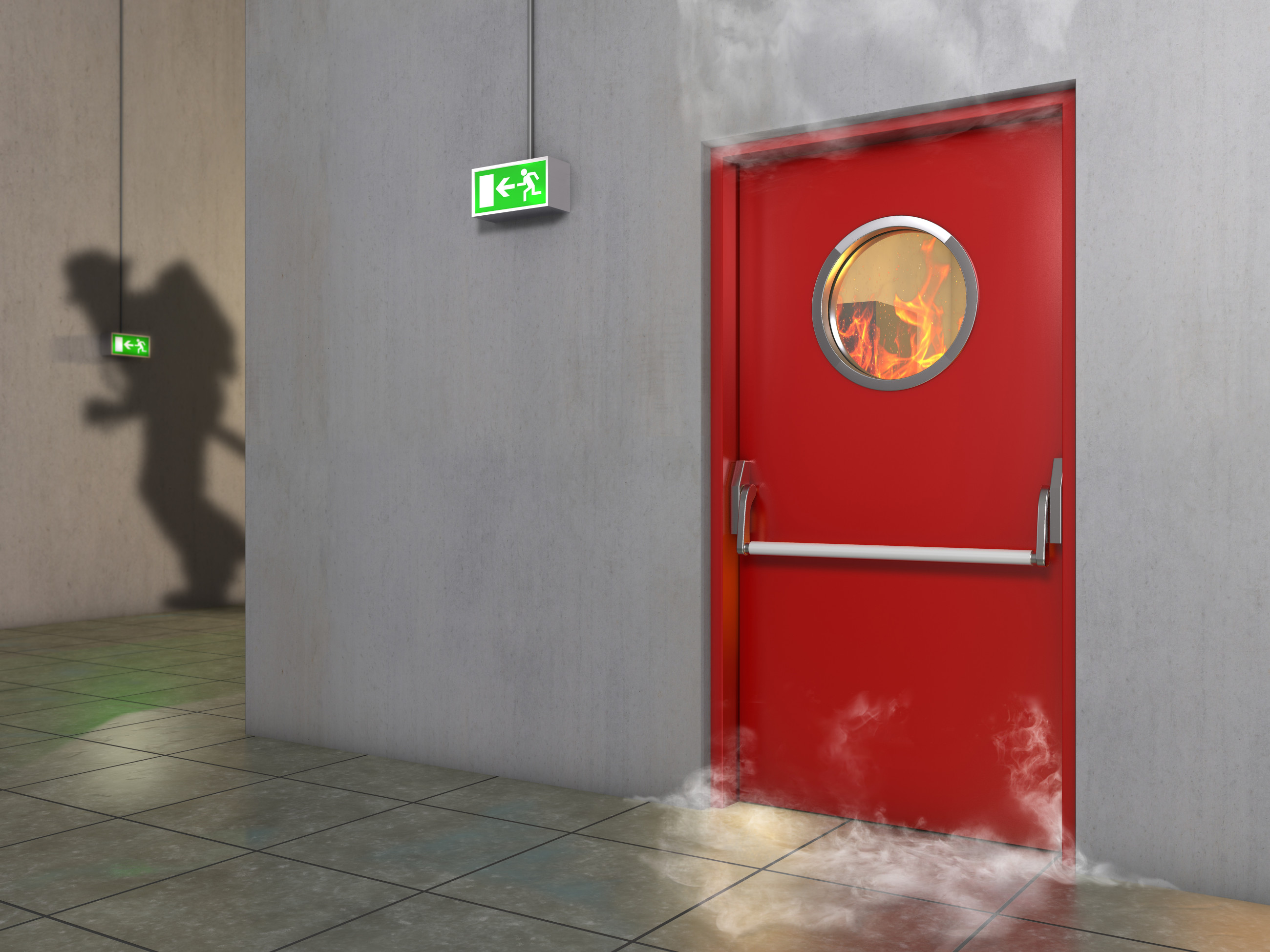 A fire-resistant red door with smoke billowing out of it, showing its strength against the flames.