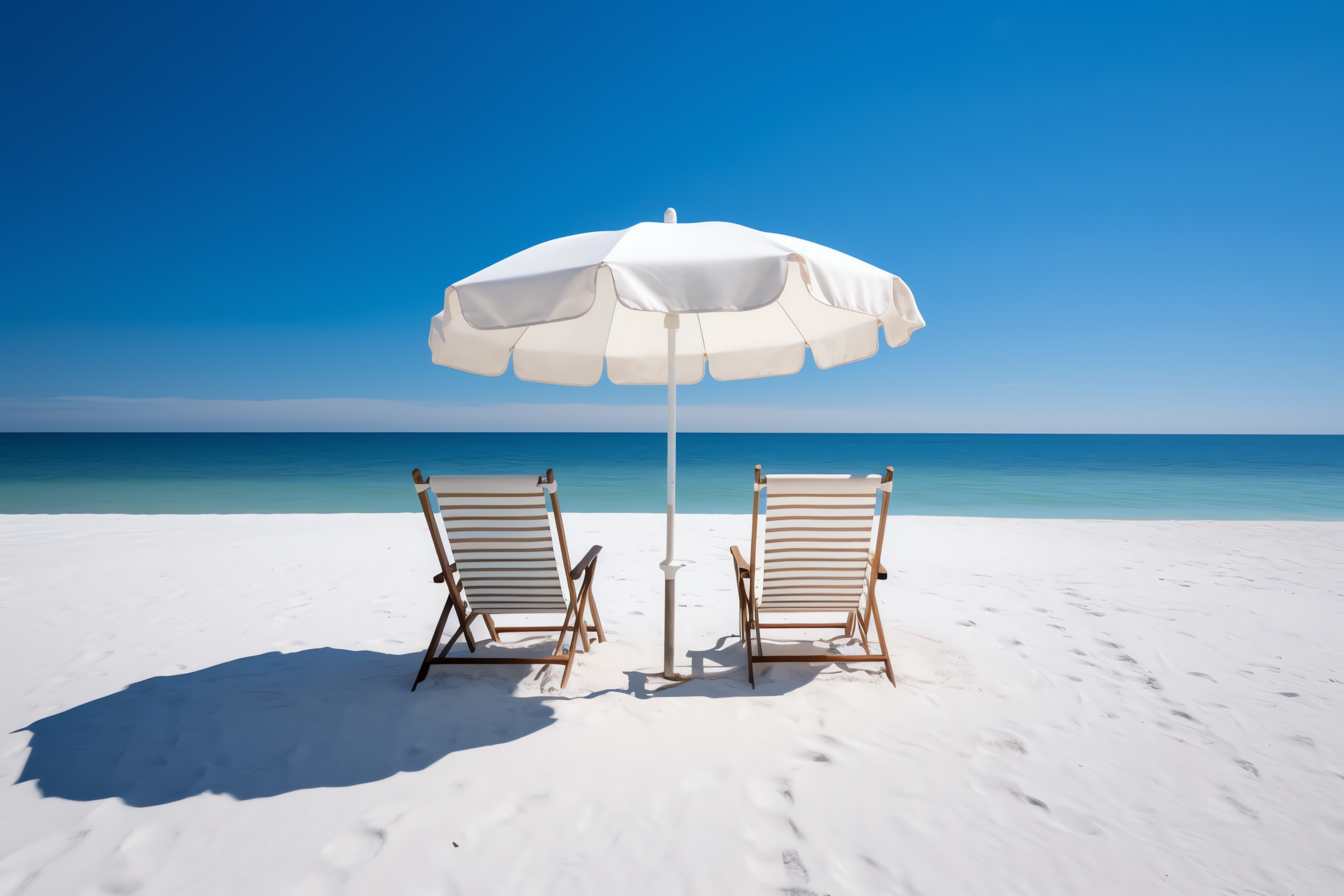 Two beach chairs and an umbrella on a sandy beach, overlooking the sparkling blue water