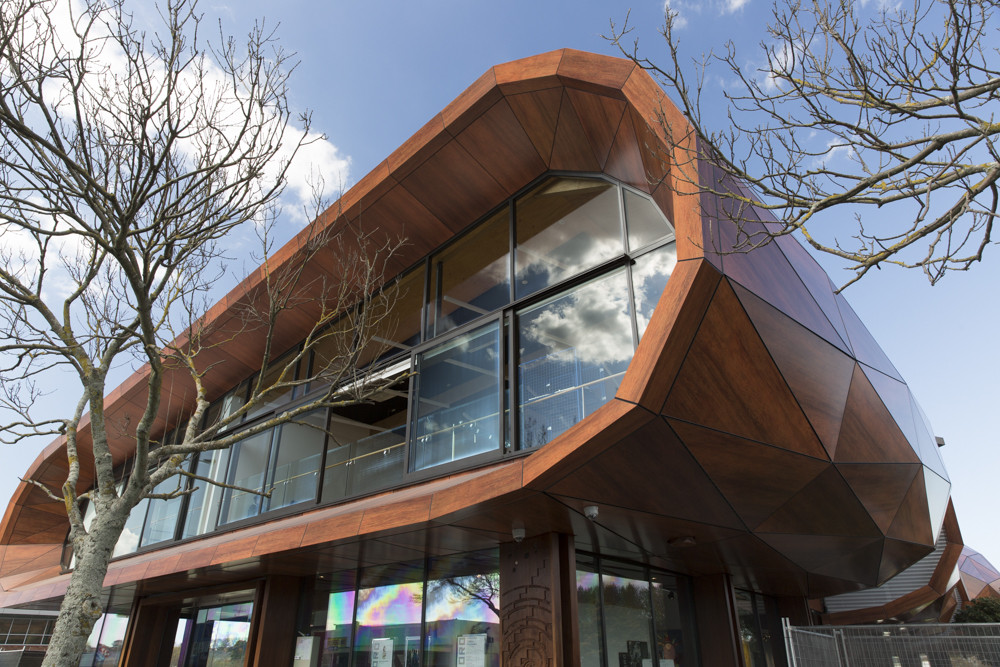 A curvy wooden structure featuring large glass windows on its exterior