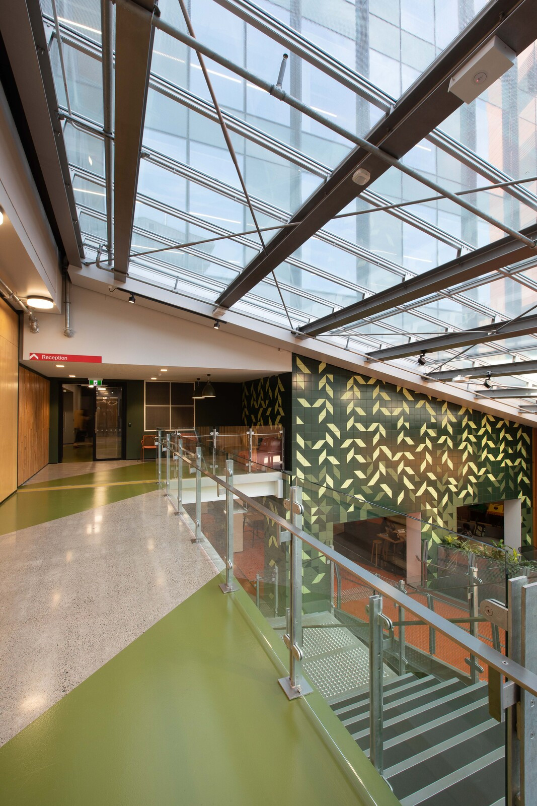 Large angular skylight, with large open space beneath.