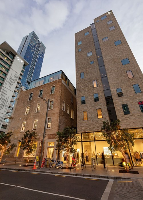 Trendy Britomart hotel with tall, open windows