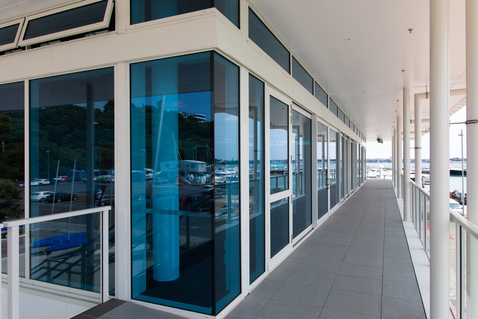 Tinted glass windows and balustrade on the deck