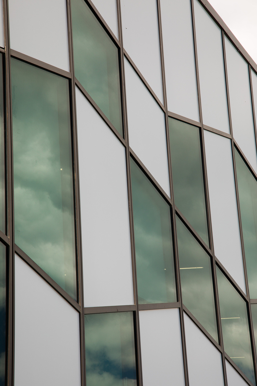 Tinted decorative glass exterior windows against white panels