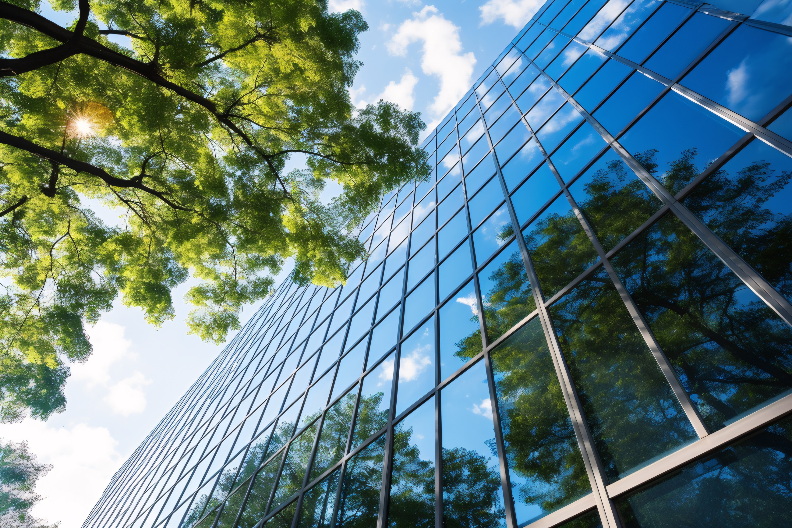 Glassy commercial structure mirroring surrounding trees