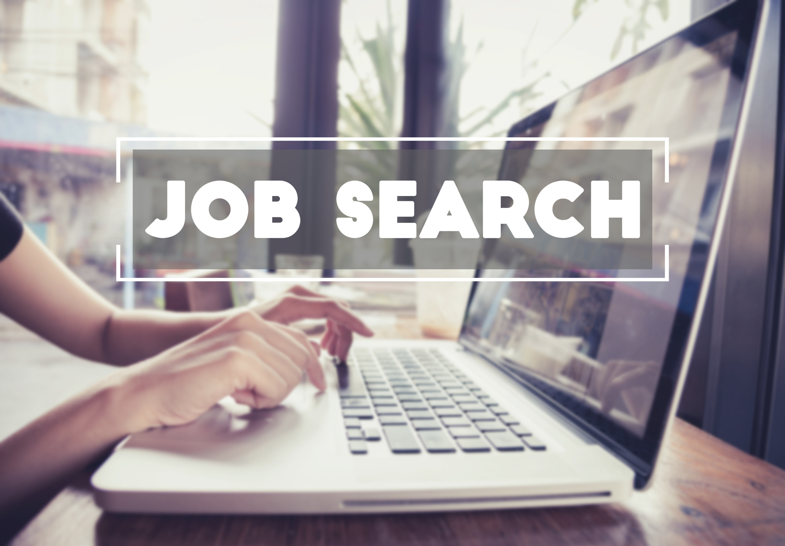 Image of hands using laptop, screen showing 'Job Search' in large font
