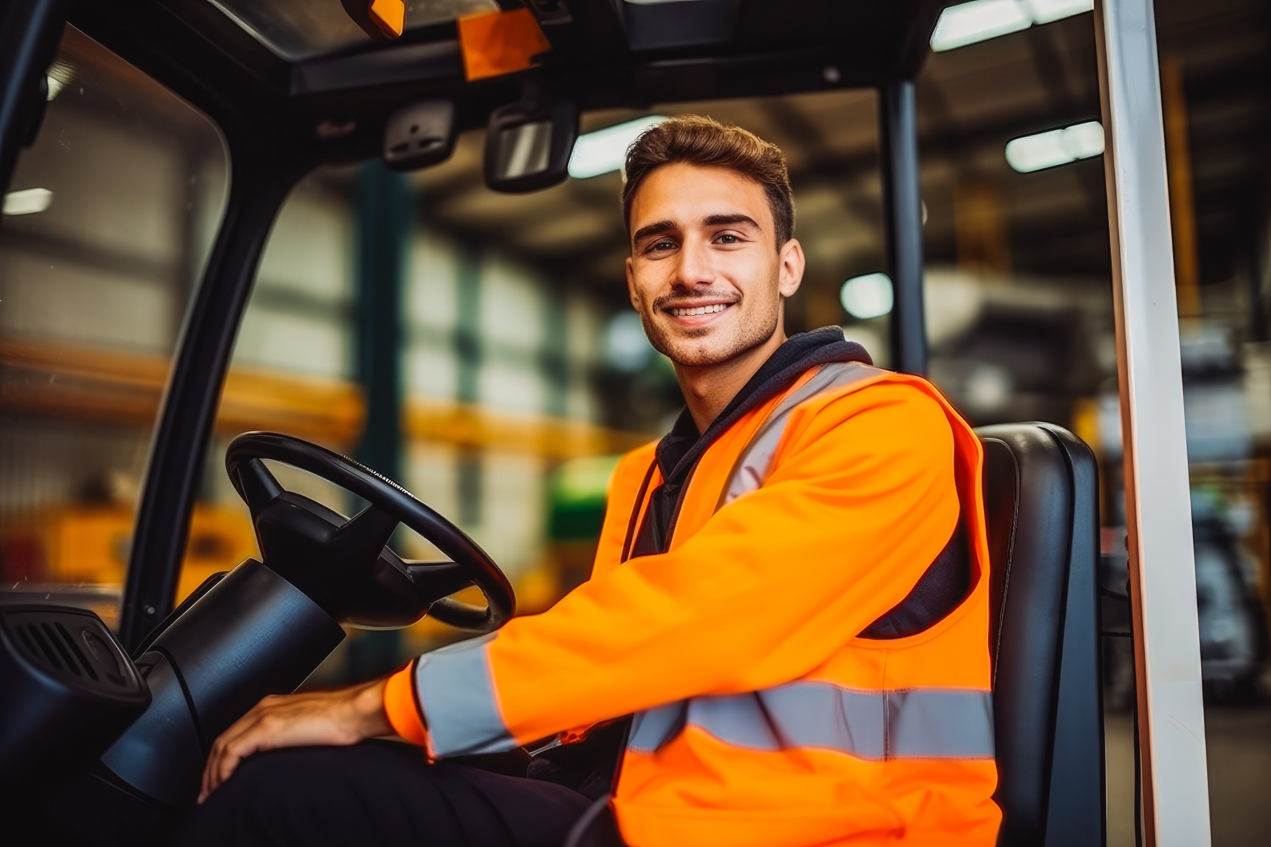 A man in an orange shirt driving a forklift